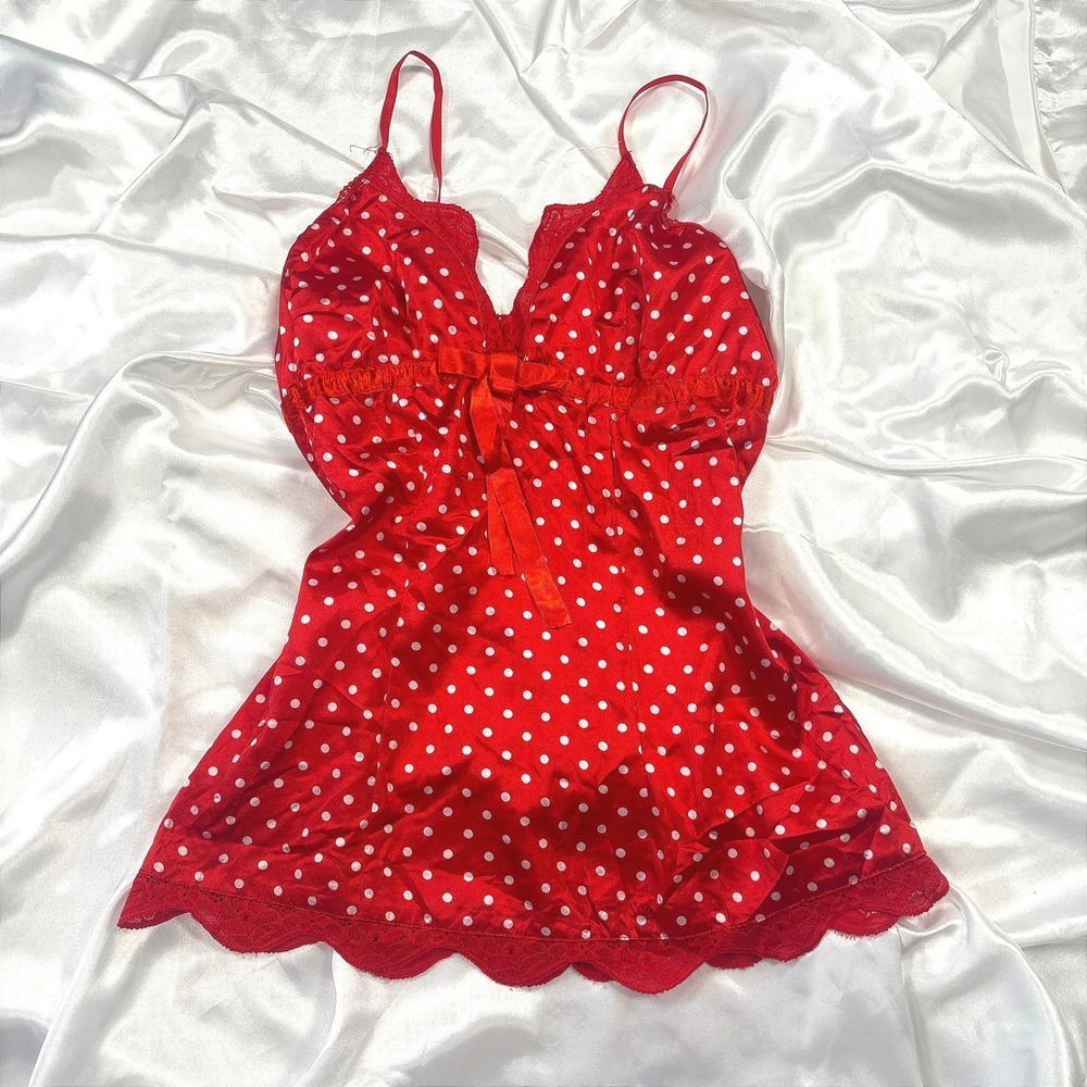Amisu Red Polka Dot Lace Trim Babydoll Chemise Nightgown XS Adjustable Straps
